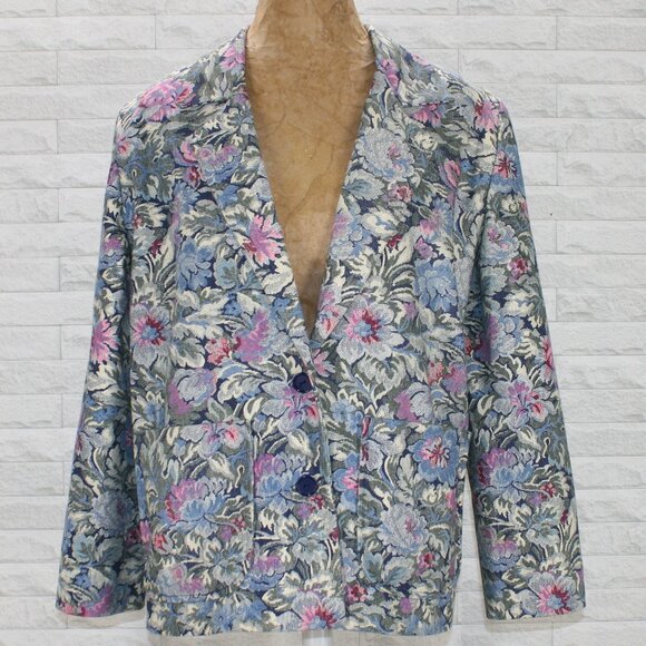VINTAGE Blazer Jacket Floral Tapestry Look Woven Muted Woven Office Blue Medium - Picture 1 of 11
